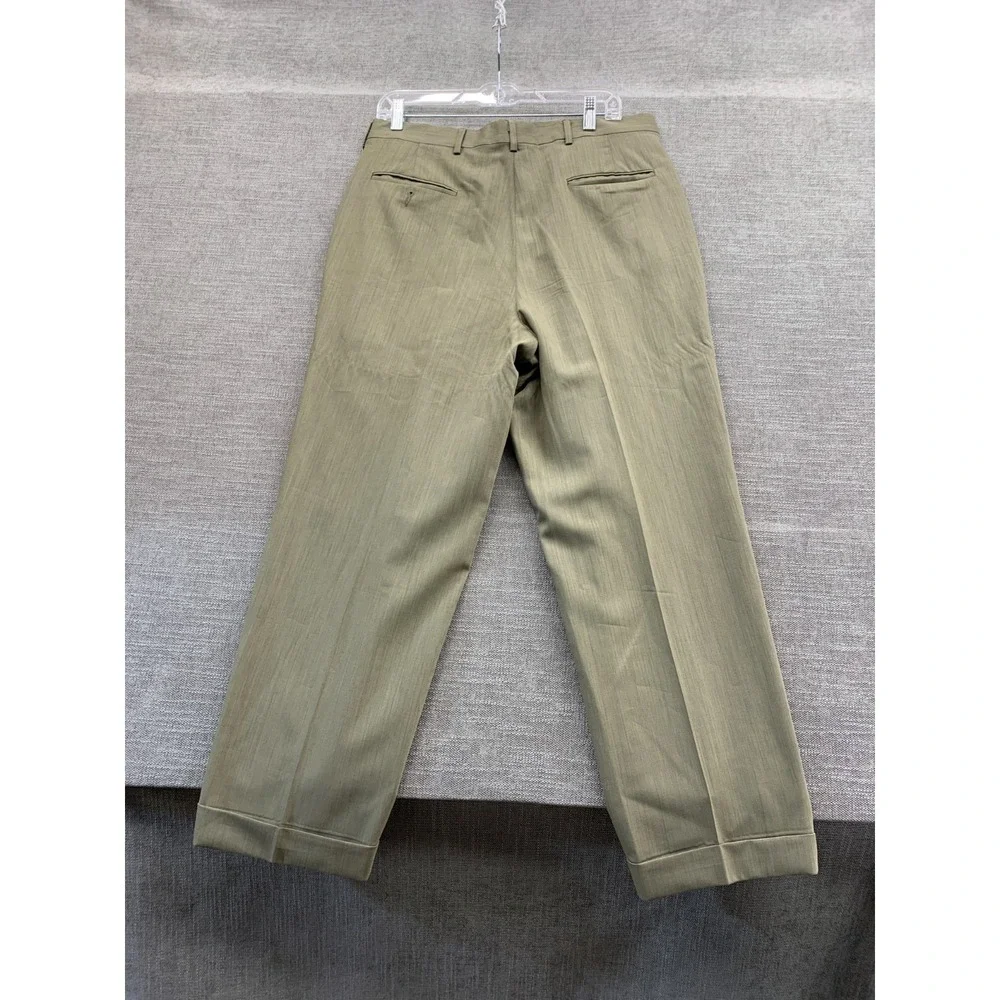 Corbin Dress Pants Mens 34 Green 150s Micro Merino Pleated Straight Leg Oxford